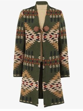 Aztec-Print Olive Open-Front Cardigan with Toggle Closure